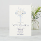 Confirmation Invite, Modern Blue Floral Cross 招待状 (スタンド正面)
