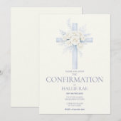 Confirmation Invite, Modern Blue Floral Cross 招待状 (正面/裏面)