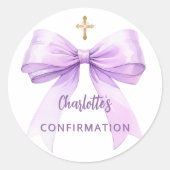Confirmation lavender bow girl cross ラウンドシール (正面)