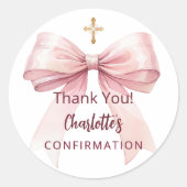 Confirmation pink bow girl cross thank you ラウンドシール (正面)