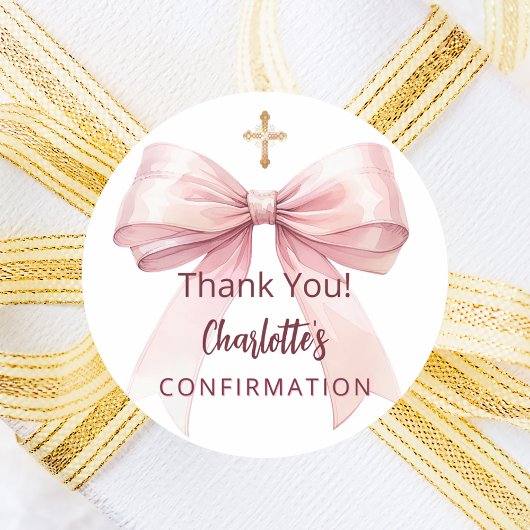 Confirmation pink bow girl cross thank you ラウンドシール