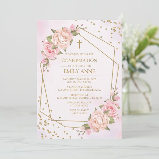 Confirmation Pink Floral Invitation 招待状 (スタンド正面)