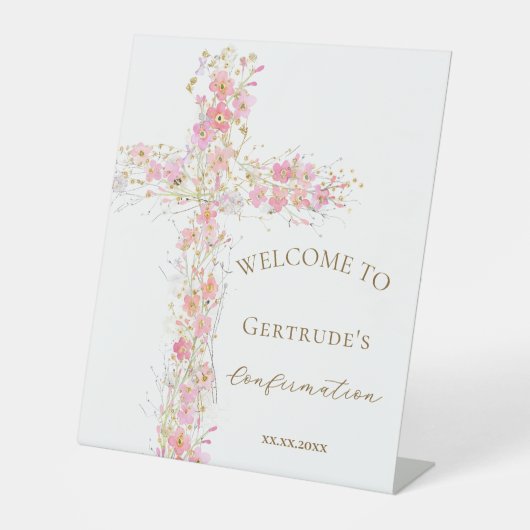 Confirmation pink flowers cross welcome sign 台座サイン (正面)