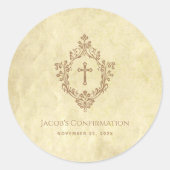 Confirmation Vintage Cross in Crest Old Parchment  ラウンドシール (正面)