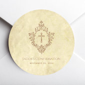 Confirmation Vintage Cross in Crest Old Parchment  ラウンドシール
