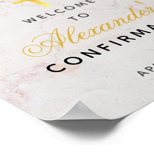 Confirmation Welcome Greenery Gold Cross Marble ポスター (角)