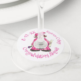 Con'graduesピンクキャップガウン卒業証書 ワイングラスタグ