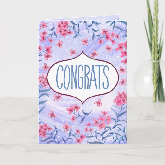 Congrats Blue and Pink Floral Celebration Card カード (正面)