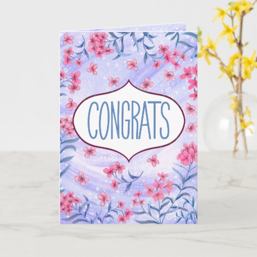 Congrats Blue and Pink Floral Celebration Card カード (黄色い花)