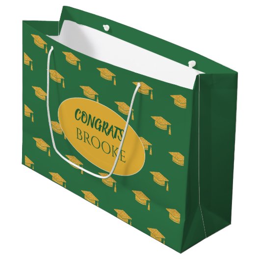 Congrats Grad! Personalized green Gift bag ラージペーパーバッグ (正面アングル)