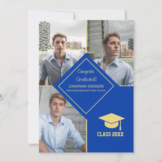 Congrats Graduated Collage 3 Photos Blue 案内状 (正面)