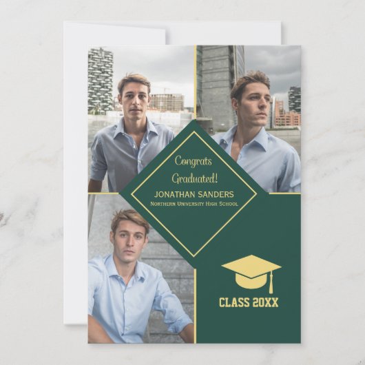 Congrats Graduated Collage 3 Photos for Him Green 案内状 (正面)