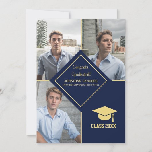 Congrats Graduated Collage 3 Photos for Him Navy 案内状 (正面)