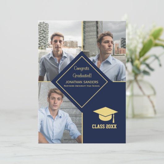 Congrats Graduated Collage 3 Photos for Him Navy 案内状 (スタンド正面)