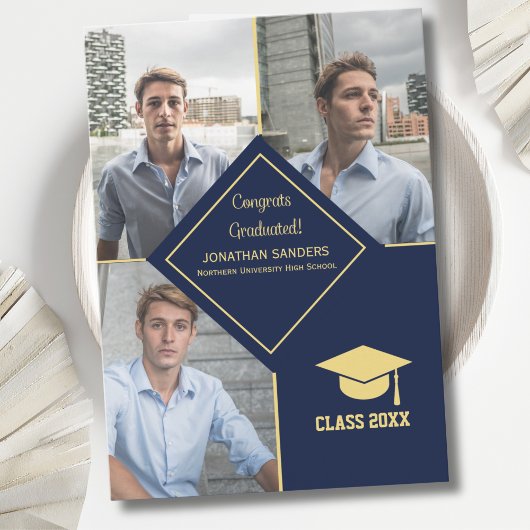 Congrats Graduated Collage 3 Photos for Him Navy 案内状