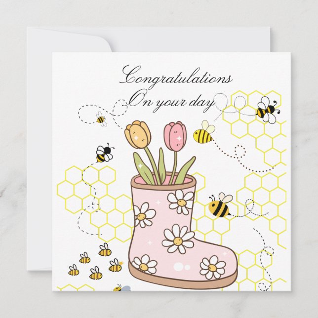 Congrats graphic artwork of bee and tulips Girly (正面)