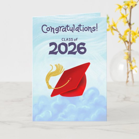 Congratulations Class of 2026 Red Graduation Cap カード (黄色い花)