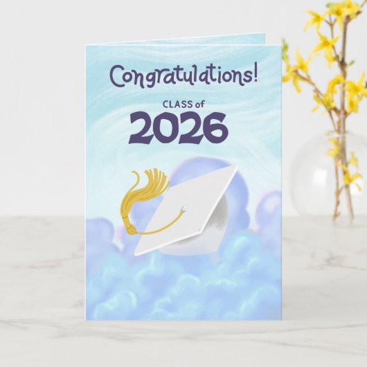 Congratulations Class of 2026 White Graduation Cap カード (黄色い花)