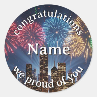 Congratulations Custom Name Fireworks City Skyline ラウンドシール