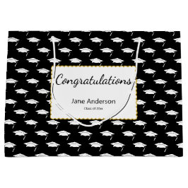 Congratulations Grad Name Black White Graduate Cap ラージペーパーバッグ