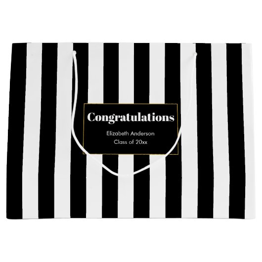 Congratulations Grad's Name Black White Stripes ラージペーパーバッグ (正面)