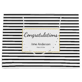Congratulations Grad's Name Black & White Stripes ラージペーパーバッグ
