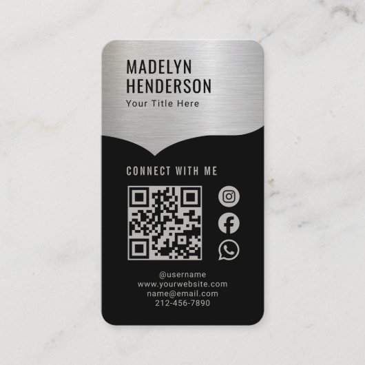 Connect Metallic Silver Black QRコードソーシャルメディア 名刺 (正面)