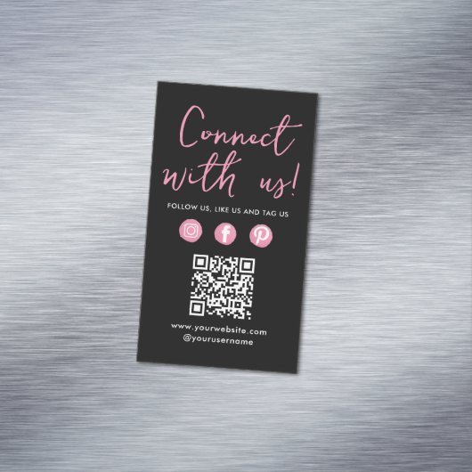 Connect With UsソーシャルメディアQRコードブラックピンク マグネット名刺 (インサイチュ)