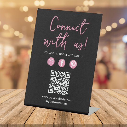 Connect With UsソーシャルメディアQRコードブラックピンク 台座サイン