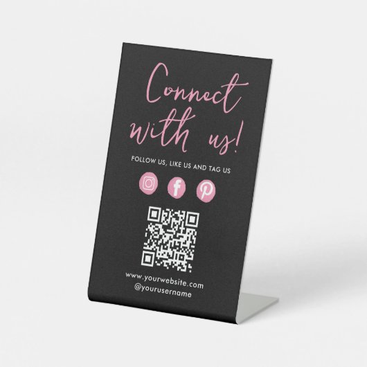 Connect With UsソーシャルメディアQRコードブラックピンク 台座サイン (正面)