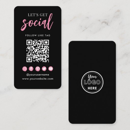 Connect With UsソーシャルメディアQRコードブラックピンク 名刺 (正面/裏面)