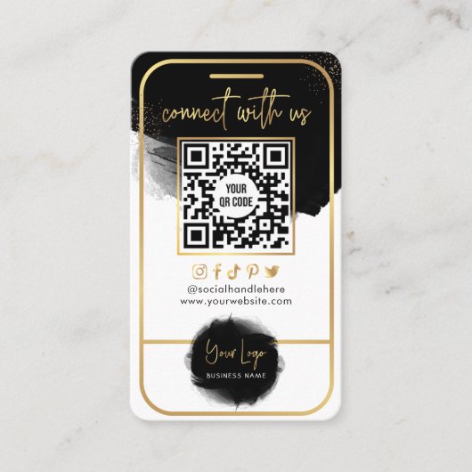 Connect With UsソーシャルメディアQRコードブラック&金ゴールド 名刺 (正面)