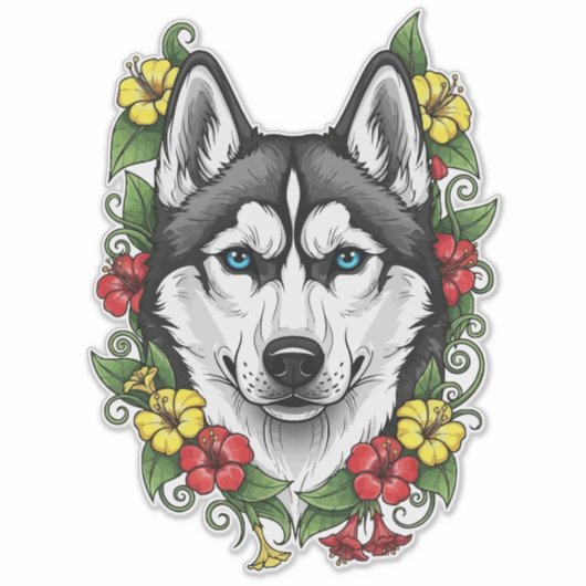 Connecticut Dog And Colorful Mirablis Blossom シール (正面)