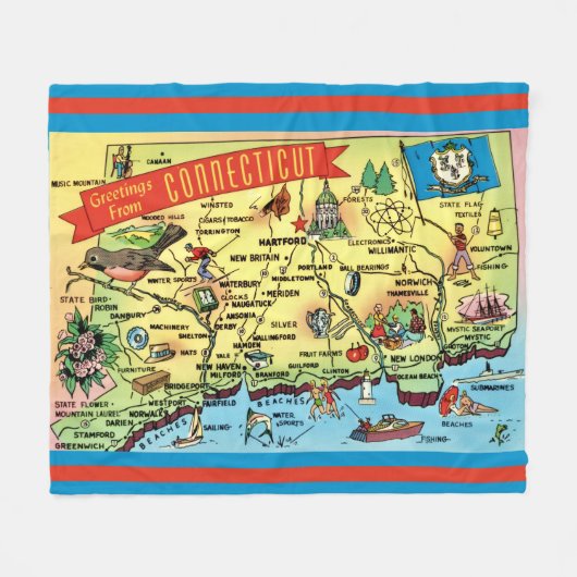 Connecticut Postcard Map フリースブランケット (正面(横))