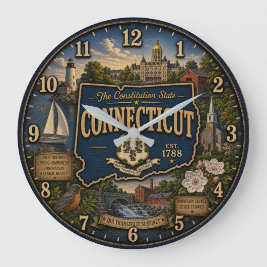 Connecticut State Constitution State Map Landmark ラージ壁時計 (正面)