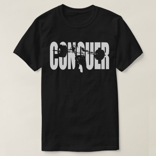 CONQUER – オリンピック重量挙げ – ジムやる気を起こさせる Tシャツ (デザイン正面)