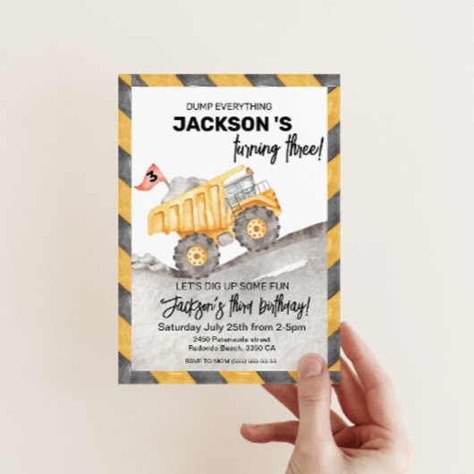 Construction 3rd birthay Dump Truck party 招待状