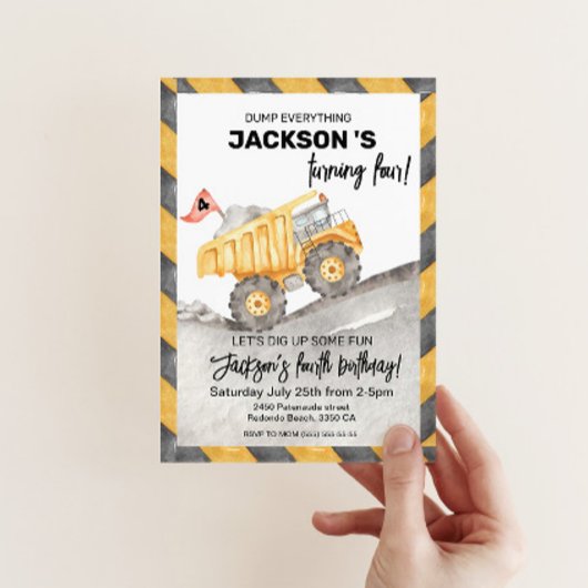 Construction 4th Birthday Invitation, Dump Truck 招待状