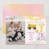 Construction and Unicorn Siblings Joint Birthday 招待状 (正面/裏面)