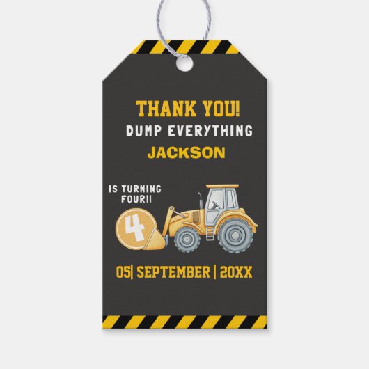 Construction Birthday 4th | Dump Truck Excavator ギフトタグ (正面)