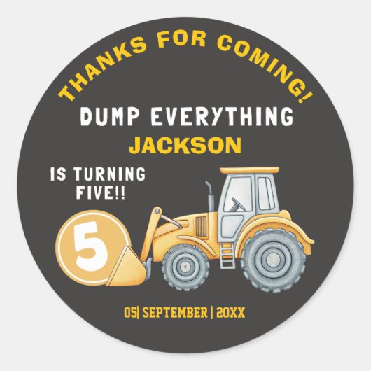 Construction Birthday 5 Excavator “Dump Everythin ラウンドシール (正面)