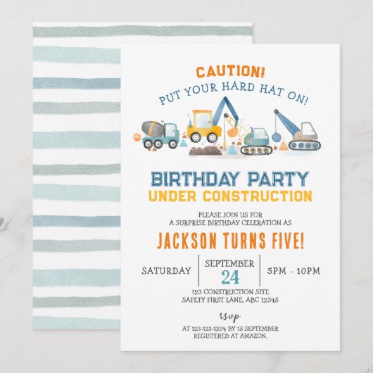 Construction Birthday, Digger Boy 5th Birthday 招待状 (正面/裏面)