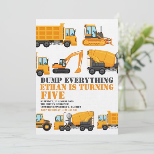 Construction Birthday Dump Truck & Bulldozer Party 招待状 (スタンド正面)