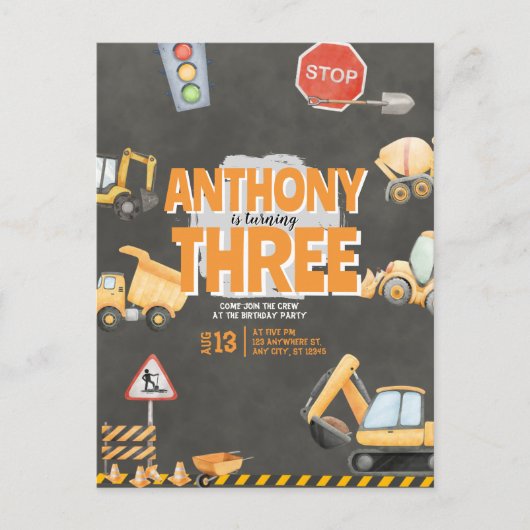 Construction Birthday Invitation ポストカード (正面)