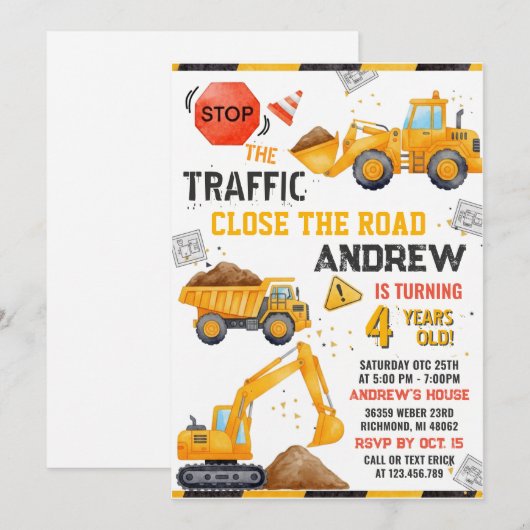 Construction Birthday Invitation 招待状 (正面/裏面)