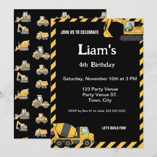 Construction Birthday Invitation |Boy Truck Party  招待状 (正面/裏面)