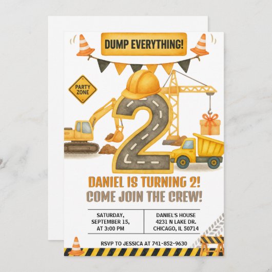 Construction Birthday Invitation, Dump Truck 招待状 (正面/裏面)