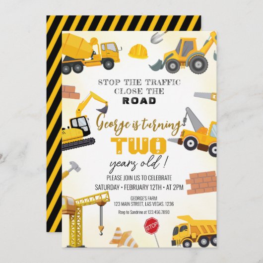 Construction Birthday Invitations 招待状 (正面/裏面)