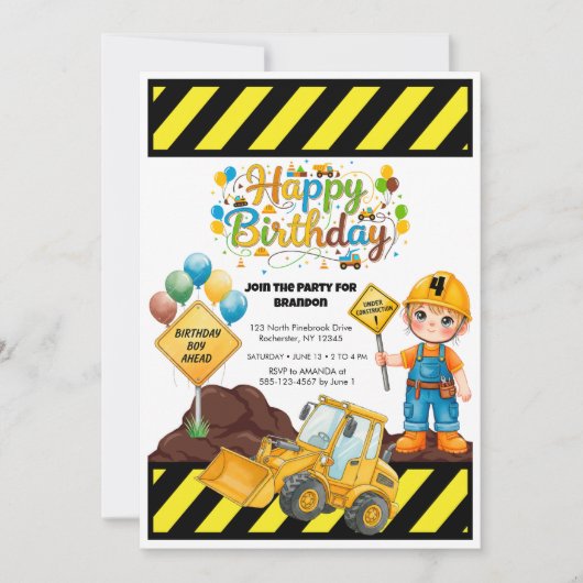 Construction Birthday Theme Party Invitation 招待状 (正面)