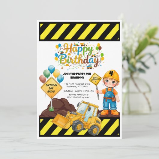 Construction Birthday Theme Party Invitation 招待状 (スタンド正面)